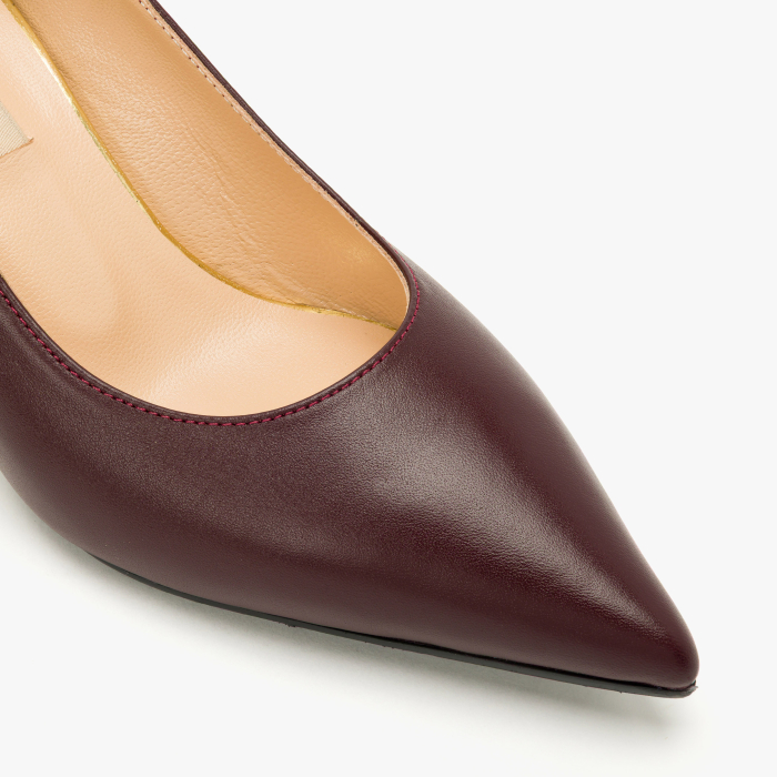 Pantofi Dama Eleganti din Piele Naturala Bordo, Varf Ascutit, Toc Subtire Negru 6 cm si Accente Metalice Aurii, Renzoni 9080 [4]