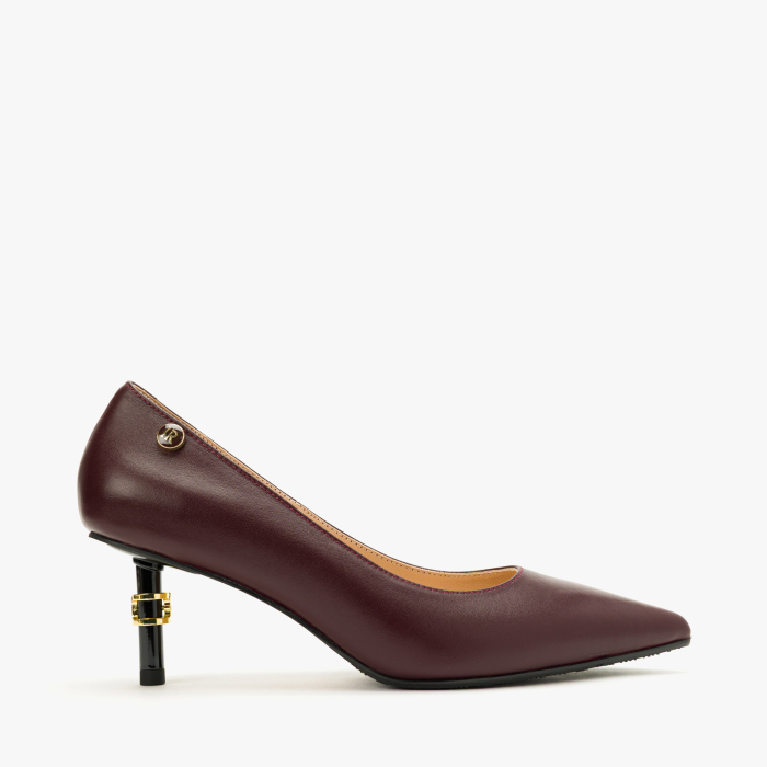 Pantofi Dama Eleganti din Piele Naturala Bordo, Varf Ascutit, Toc Subtire Negru 6 cm si Accente Metalice Aurii, Renzoni 9080 [2]