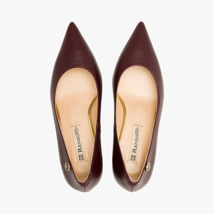 Pantofi Dama Eleganti din Piele Naturala Bordo, Varf Ascutit, Toc Subtire Negru 6 cm si Accente Metalice Aurii, Renzoni 9080 [3]