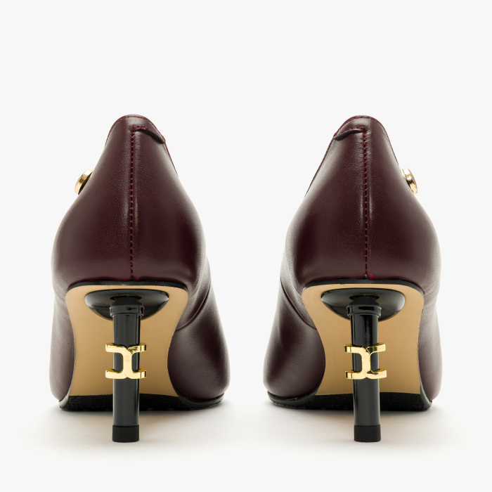 Pantofi Dama Eleganti din Piele Naturala Bordo, Varf Ascutit, Toc Subtire Negru 6 cm si Accente Metalice Aurii, Renzoni 9080 [5]