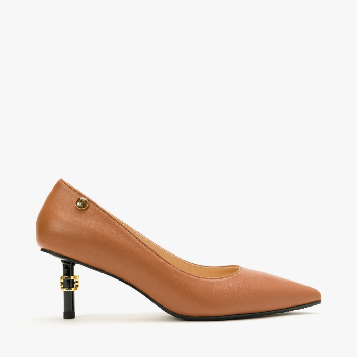Pantofi Dama Eleganti din Piele Naturala Cognac, Aplicatie Metalica, Interior de Piele, Logo pe Lateral, Renzoni 9080 [2]