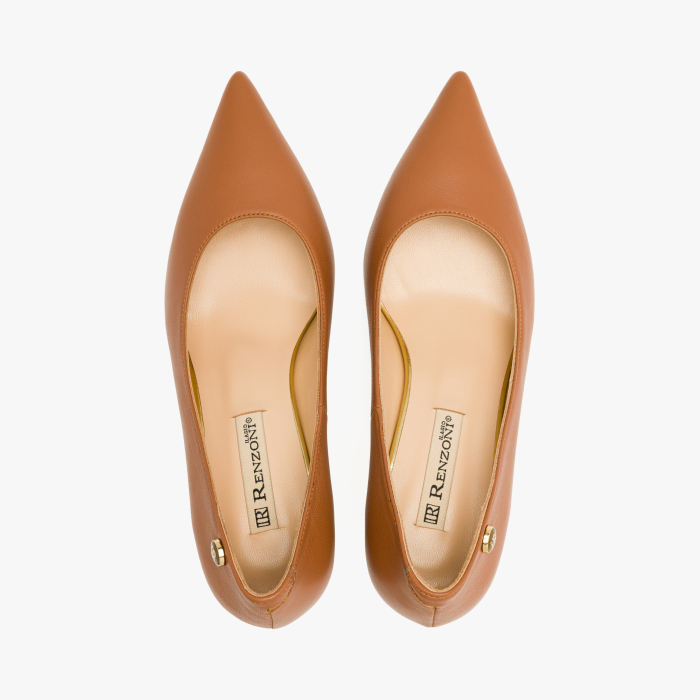 Pantofi Dama Eleganti din Piele Naturala Cognac, Aplicatie Metalica, Interior de Piele, Logo pe Lateral, Renzoni 9080 [3]