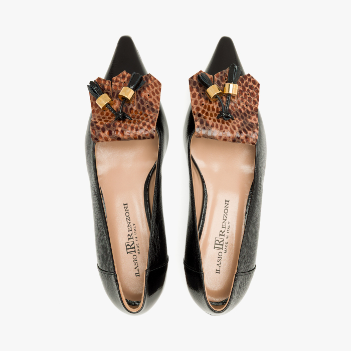 Pantofi Dama Eleganti din Piele Naturala Lacuita, Culoare Maro Inchis, Varf Ascutit, Accesorii Aurii, Toc Jos 2 cm, Renzoni 8685 [3]