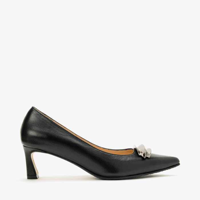 Pantofi Dama Eleganti din Piele Naturala Neagra, Finisaj Netedm Accesorriu Metalic, Toc Subtire 5 cm, Renzoni 9012 [2]