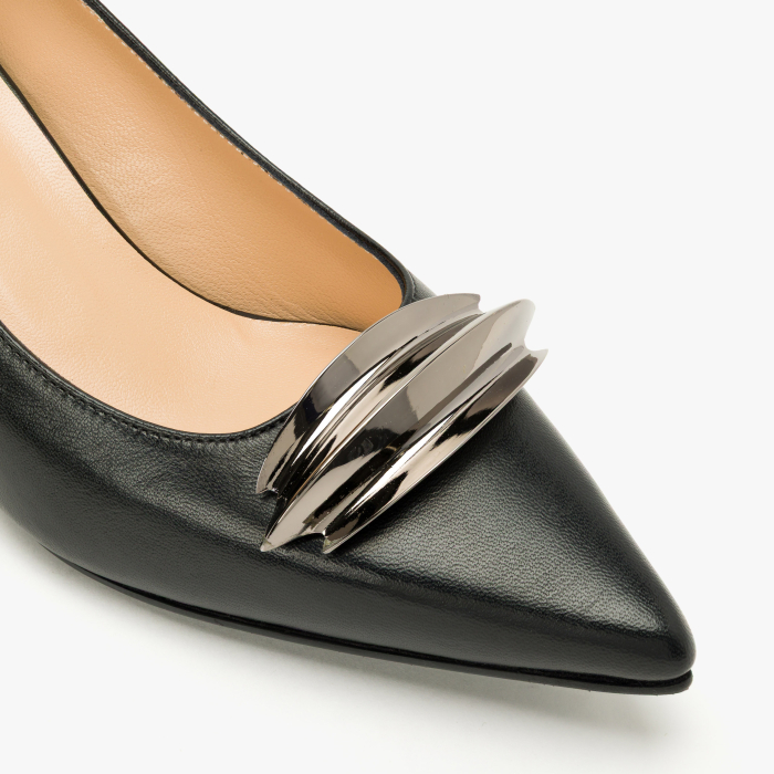 Pantofi Dama Eleganti din Piele Naturala Neagra, Finisaj Netedm Accesorriu Metalic, Toc Subtire 5 cm, Renzoni 9012 [4]