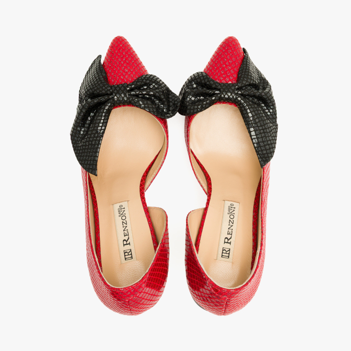 Pantofi Dama Eleganti din Piele Naturala Rosie, Imprimeu Geometric Argintiu, Funda Neagra Supradimensionata si Toc Modern 9 cm, Renzoni 9106 [3]