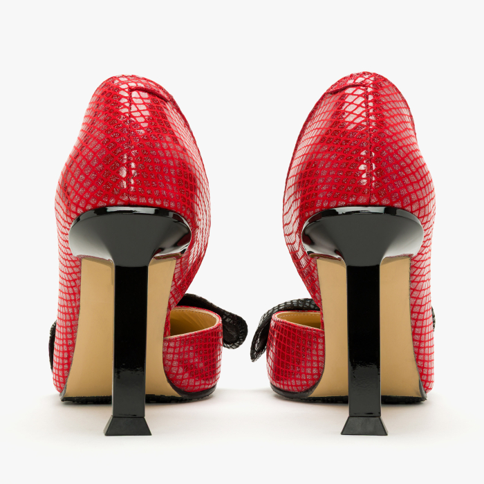 Pantofi Dama Eleganti din Piele Naturala Rosie, Imprimeu Geometric Argintiu, Funda Neagra Supradimensionata si Toc Modern 9 cm, Renzoni 9106 [5]