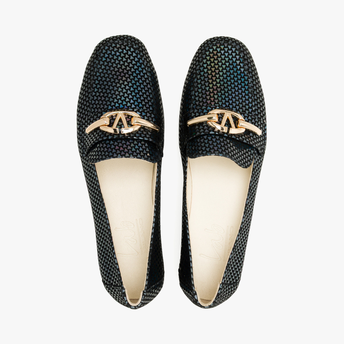 Pantofi Dama Casual Tip Mocasini, Piele Naturala Nabuc Multicolor, Imprimeu Geometric Irizat, Accesoriu Auriu si Toc Comod 2 cm, LAB Milano by Renzoni 08172007 [3]