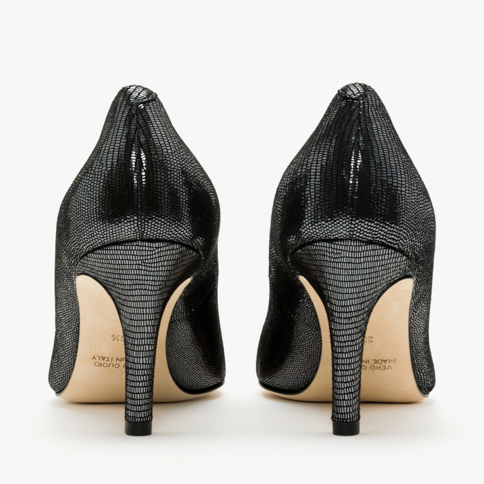 Pantofi Dama Eleganti, Negru-Argintiu, Nabuc Ștanțat, Toc Subțire 8 cm, Accesoriu Tip Lanț, Accademia 3680 [5]