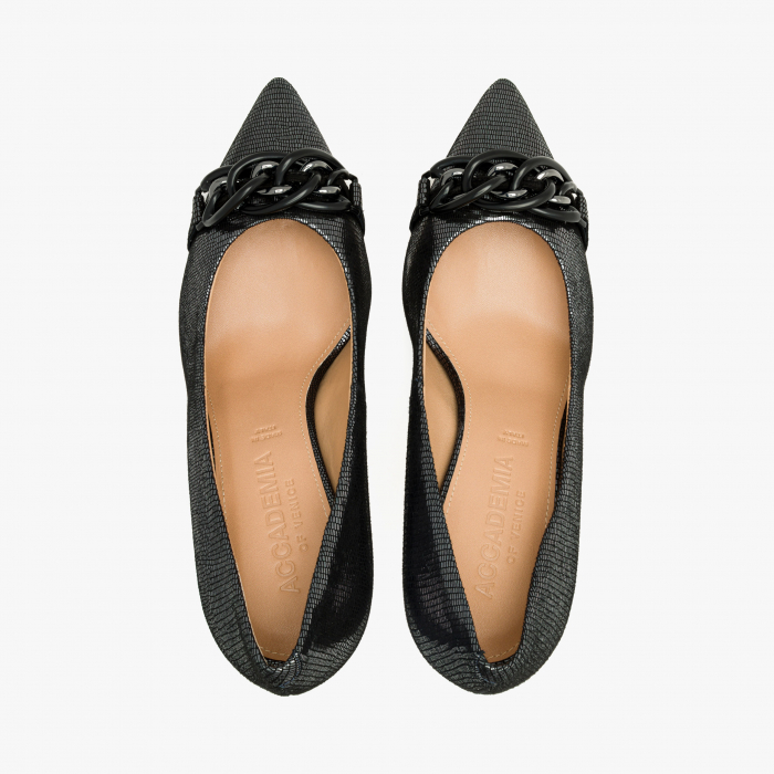 Pantofi Dama Eleganti, Negru-Argintiu, Nabuc Ștanțat, Toc Subțire 8 cm, Accesoriu Tip Lanț, Accademia 3680 [3]