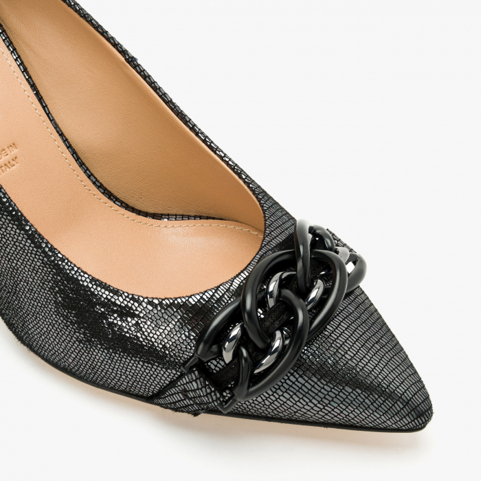 Pantofi Dama Eleganti, Negru-Argintiu, Nabuc Ștanțat, Toc Subțire 8 cm, Accesoriu Tip Lanț, Accademia 3680 [4]