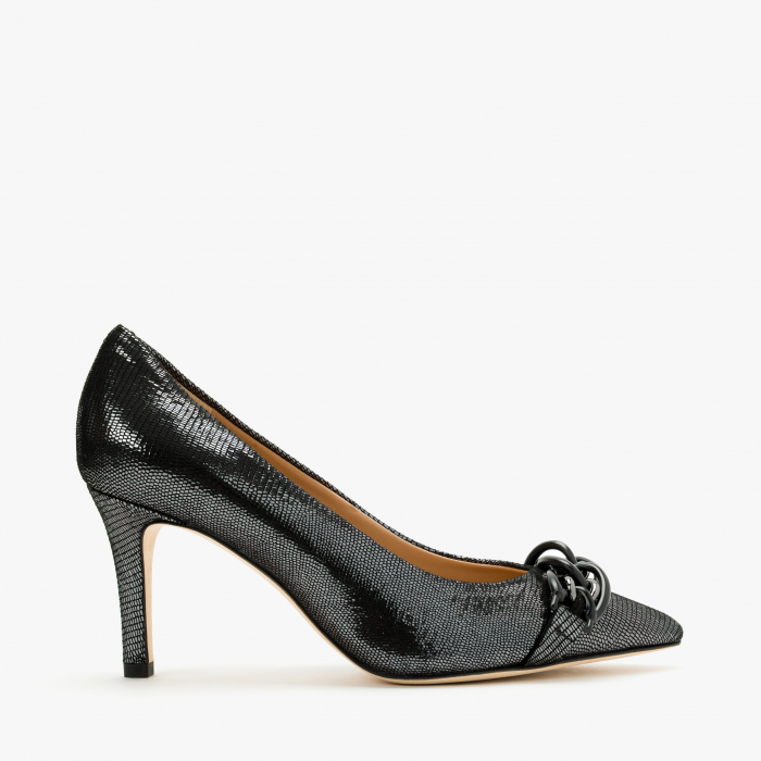 Pantofi Dama Eleganti, Negru-Argintiu, Nabuc Ștanțat, Toc Subțire 8 cm, Accesoriu Tip Lanț, Accademia 3680 [2]