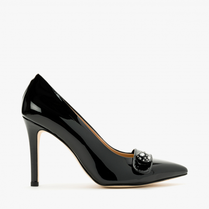 Pantofi Dama Eleganti, Negru Lac, Piele Naturala, Toc Subțire 10 cm, Accesoriu Cristale Swarovski, Accademia 3679 [2]
