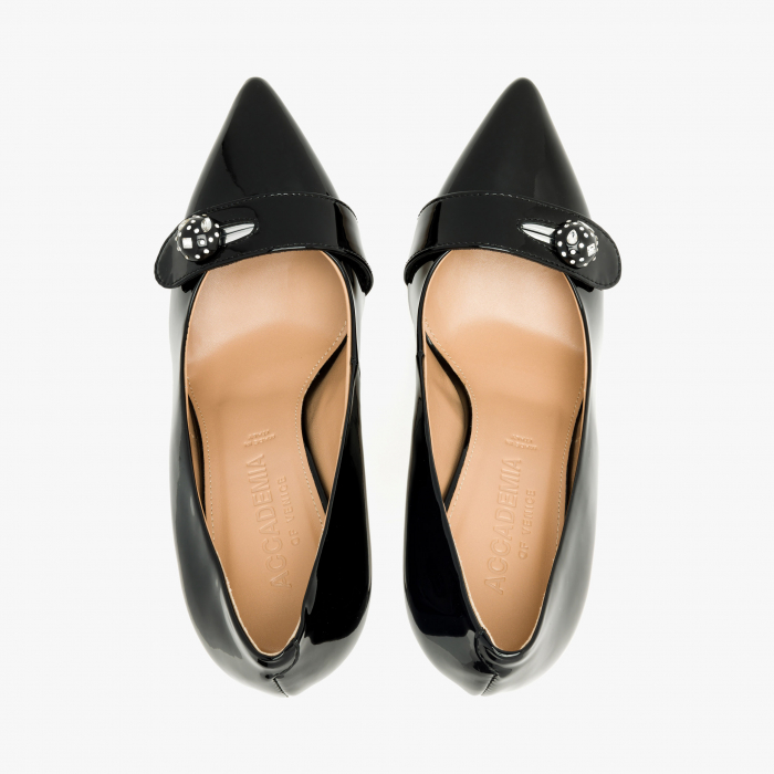 Pantofi Dama Eleganti, Negru Lac, Piele Naturala, Toc Subțire 10 cm, Accesoriu Cristale Swarovski, Accademia 3679 [3]