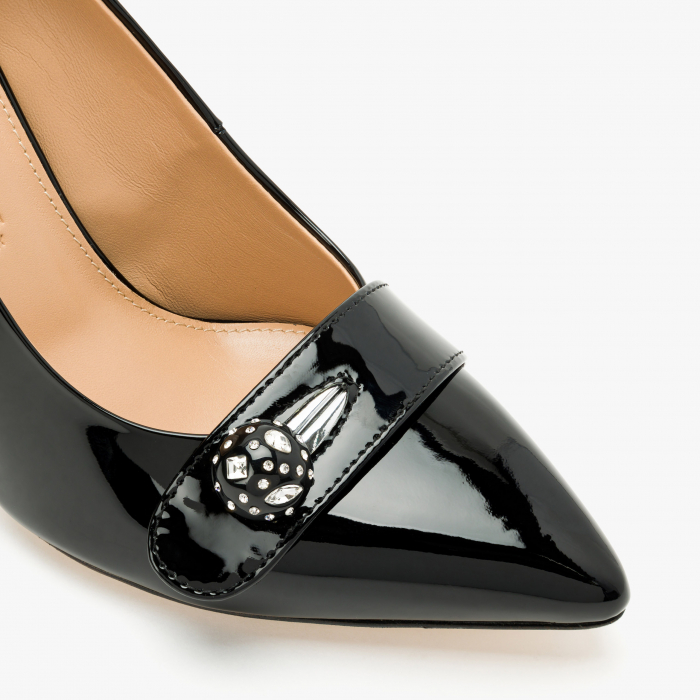 Pantofi Dama Eleganti, Negru Lac, Piele Naturala, Toc Subțire 10 cm, Accesoriu Cristale Swarovski, Accademia 3679 [4]