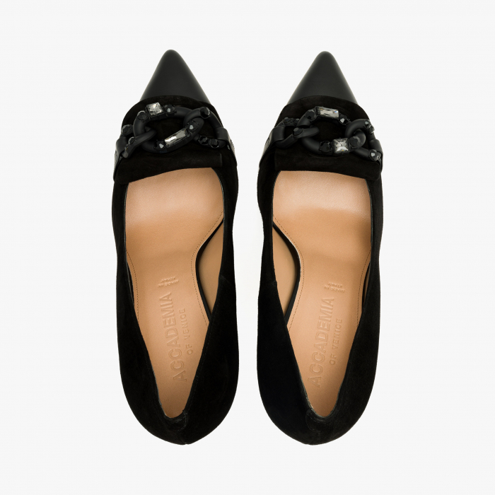 Pantofi Dama Eleganți, Negru, Piele Întoarsă, Accesoriu Tip Lanț cu Cristale Swarovski, Toc Subțire 10 cm, Accademia 3652 [3]