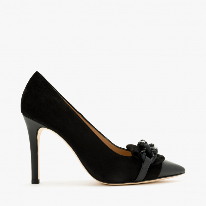 Pantofi Dama Eleganți, Negru, Piele Întoarsă, Accesoriu Tip Lanț cu Cristale Swarovski, Toc Subțire 10 cm, Accademia 3652 [2]