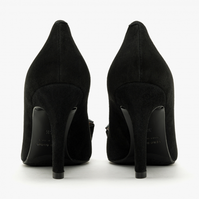Pantofi Dama Eleganți, Negru, Toc Subțire 9 cm, Piele Întoarsă, Funda cu Cristale, Giovanni Fabiani 24358 [5]