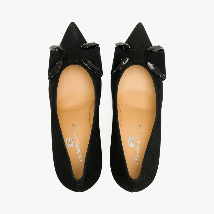 Pantofi Dama Eleganți, Negru, Toc Subțire 9 cm, Piele Întoarsă, Funda cu Cristale, Giovanni Fabiani 24358 [3]
