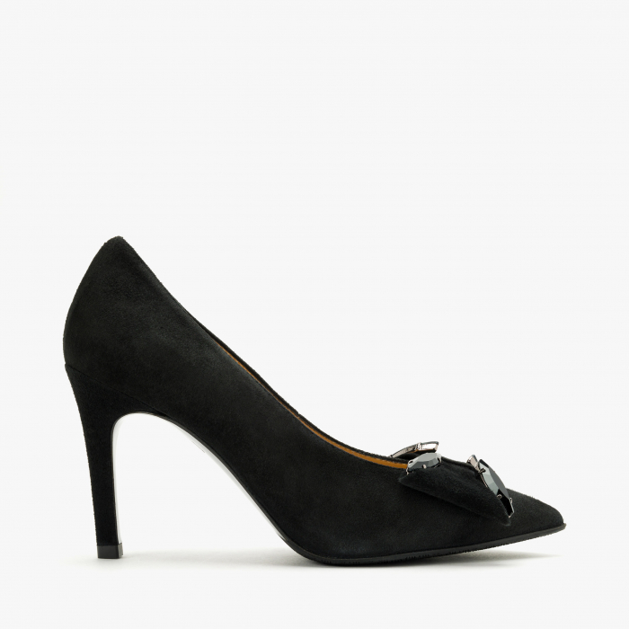 Pantofi Dama Eleganți, Negru, Toc Subțire 9 cm, Piele Întoarsă, Funda cu Cristale, Giovanni Fabiani 24358 [2]