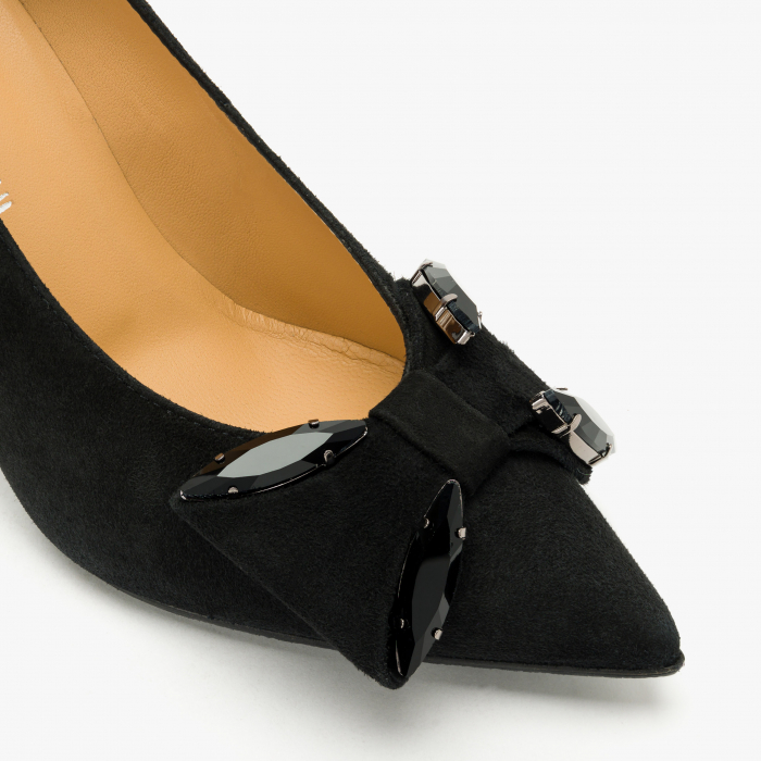 Pantofi Dama Eleganți, Negru, Toc Subțire 9 cm, Piele Întoarsă, Funda cu Cristale, Giovanni Fabiani 24358 [4]