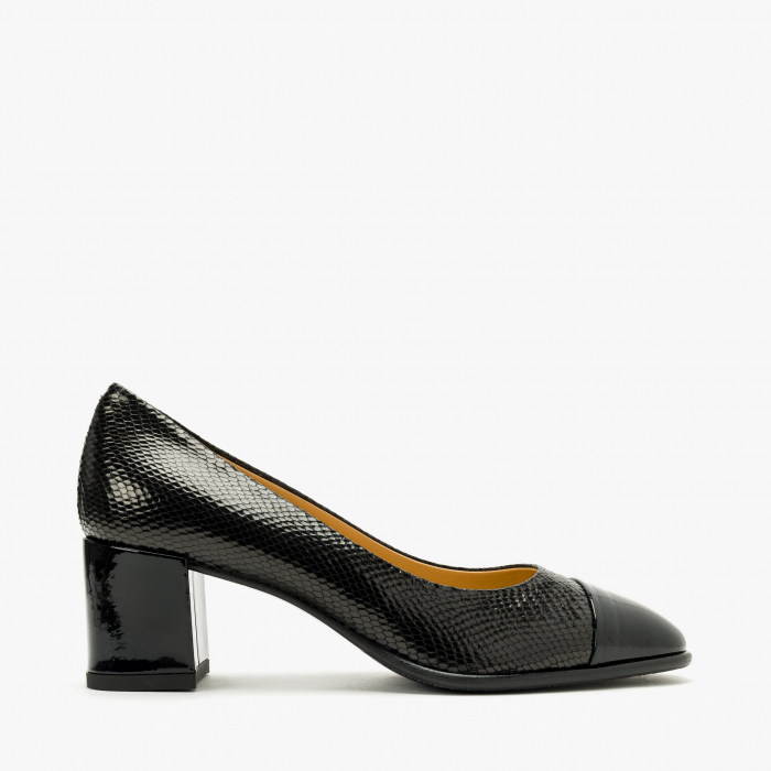 Pantofi Dama Eleganti, Negru, Varf Rotund, Toc Gros 6 cm, Piele Stantata si Lac, Giovanni Fabiani 24519 [2]