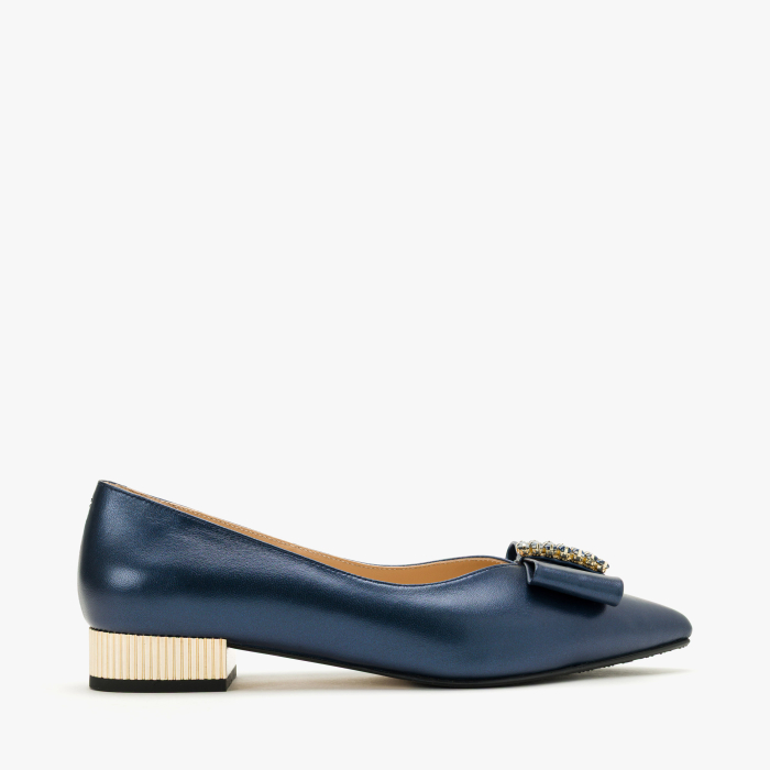 Pantofi Dama Eleganti din Piele Naturala Bleumarin Metalizat, Funda Decorativa, Cristale Albastre si Toc Auriu Striat 2 cm, Renzoni 8885 [2]