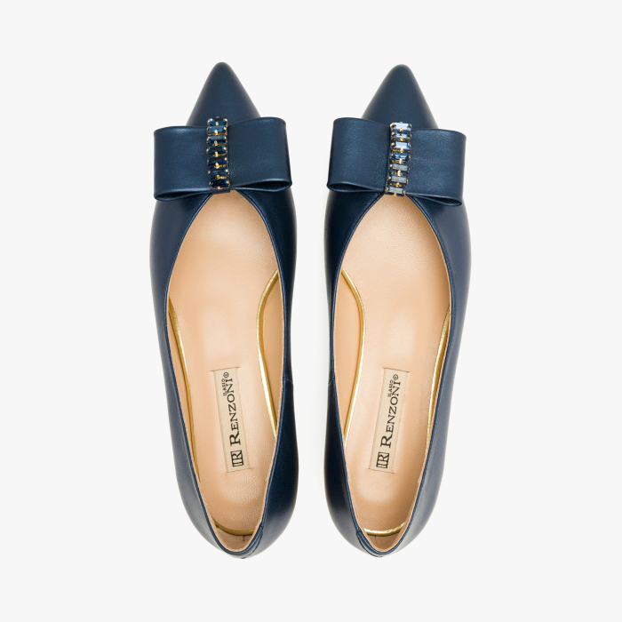Pantofi Dama Eleganti din Piele Naturala Bleumarin Metalizat, Funda Decorativa, Cristale Albastre si Toc Auriu Striat 2 cm, Renzoni 8885 [3]