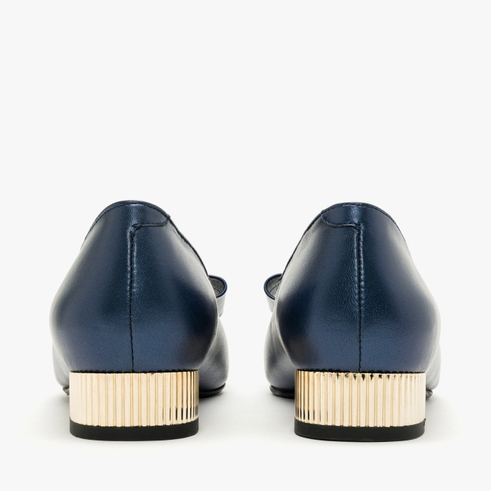 Pantofi Dama Eleganti din Piele Naturala Bleumarin Metalizat, Funda Decorativa, Cristale Albastre si Toc Auriu Striat 2 cm, Renzoni 8885 [5]