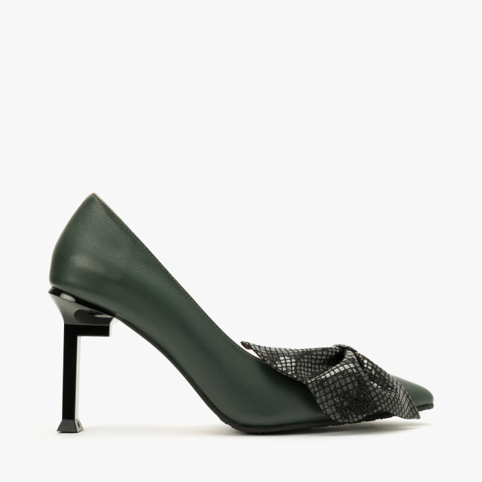 Pantofi Dama Eleganti, Piele Naturala Gri, Funda Supradimensionata Negru-Argintiu, Decupaje Laterale si Toc Geometric 9 cm, Renzoni 9106 [2]