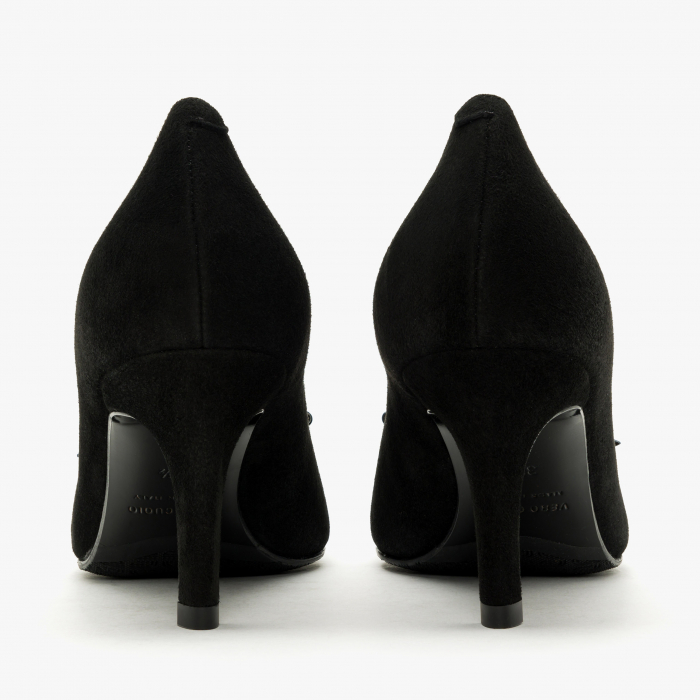 Pantofi Dama Eleganți, Toc Subțire 7 cm, Piele Intoarsă Neagra, Funda cu Cristale Swarovski, Giovanni Fabiani 24274 [5]