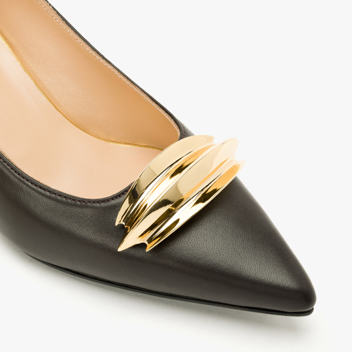 Pantofi Dama Eleganti, Piele Naturala Maro, Accesoriu Metalic Auriu, Varf Ascutit si Toc Evazat 5 cm, Renzoni 9012 [4]