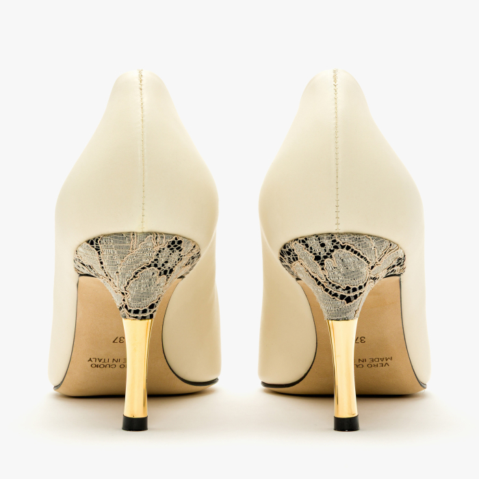 Pantofi Dama Eleganti, Piele Naturala Bej, Toc Stiletto 8 cm si Aplicatie din Dantela, Accademia 3913 [5]