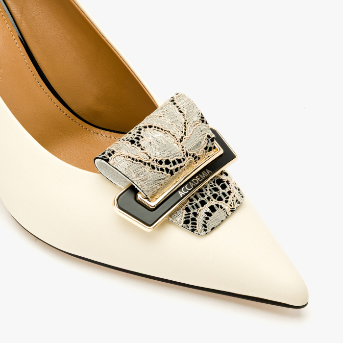 Pantofi Dama Eleganti, Piele Naturala Bej, Toc Stiletto 8 cm si Aplicatie din Dantela, Accademia 3913 [4]