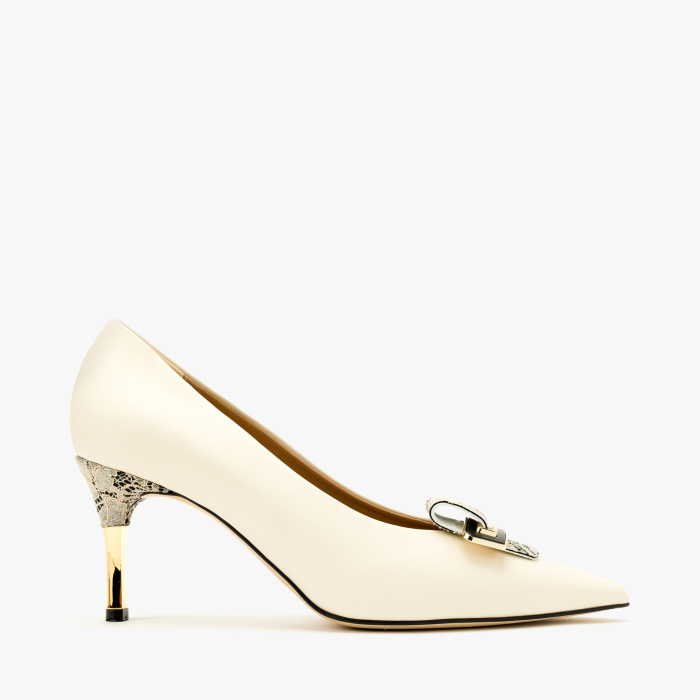 Pantofi Dama Eleganti, Piele Naturala Bej, Toc Stiletto 8 cm si Aplicatie din Dantela, Accademia 3913 [2]