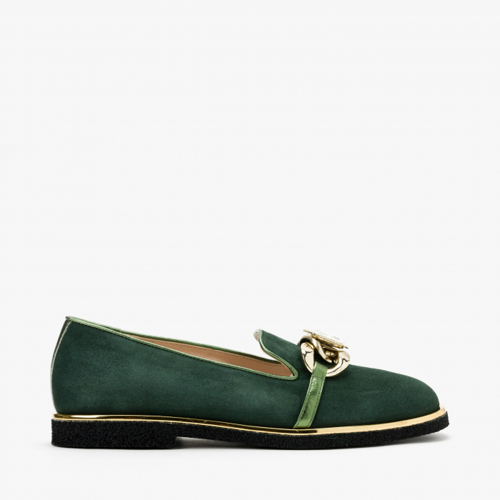 Pantofi Dama Casual din Piele Intoarsa, Culoare Verde, Toc Comod, Accesoriu din Zale cu Aplicatie de Cristale, Renzoni 6680 [2]