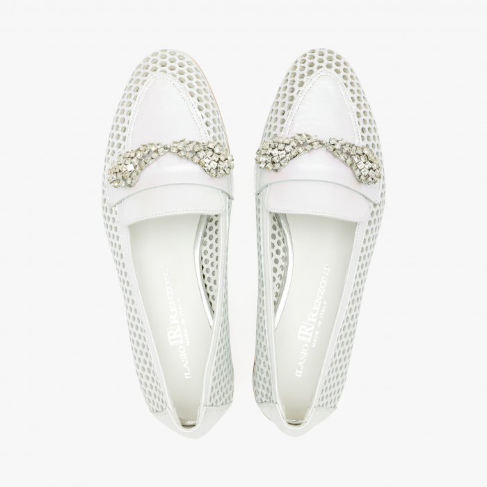 Pantofi Dama Casual din Piele Perforata, Culoare Alba, Accesoriu cu Cristale pe Rist, Sezon Primavara-Vara, Renzoni 5331 [3]