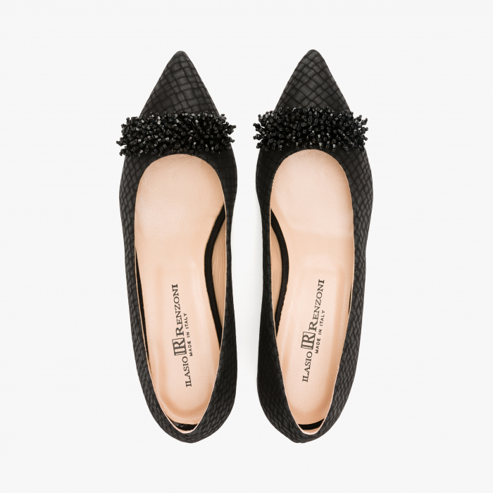 Pantofi Dama Eleganti, Piele Nabuc de Culoare Neagra, Margele Decorative, Renzoni 6361 [3]