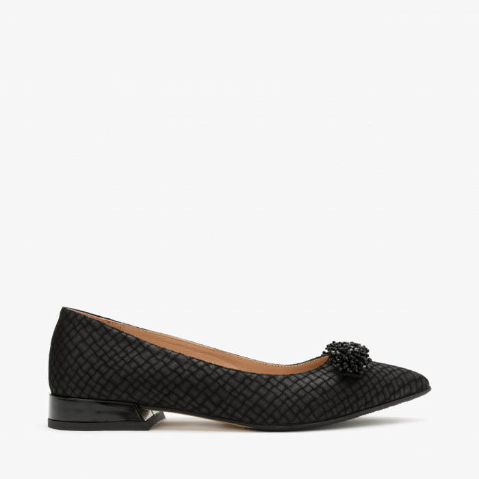 Pantofi Dama Eleganti, Piele Nabuc de Culoare Neagra, Margele Decorative, Renzoni 6361 [2]