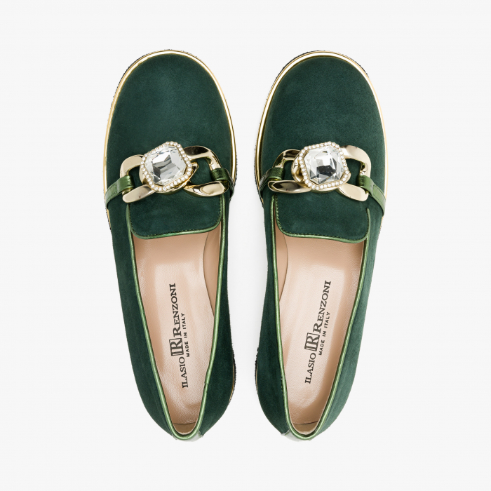 Pantofi Dama Casual din Piele Intoarsa, Culoare Verde, Toc Comod, Accesoriu din Zale cu Aplicatie de Cristale, Renzoni 6680 [3]