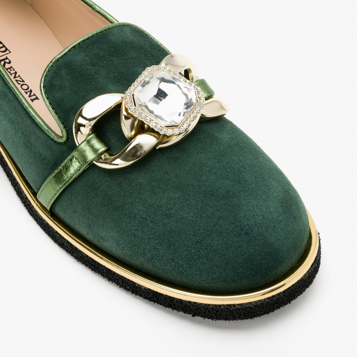 Pantofi Dama Casual din Piele Intoarsa, Culoare Verde, Toc Comod, Accesoriu din Zale cu Aplicatie de Cristale, Renzoni 6680 [4]
