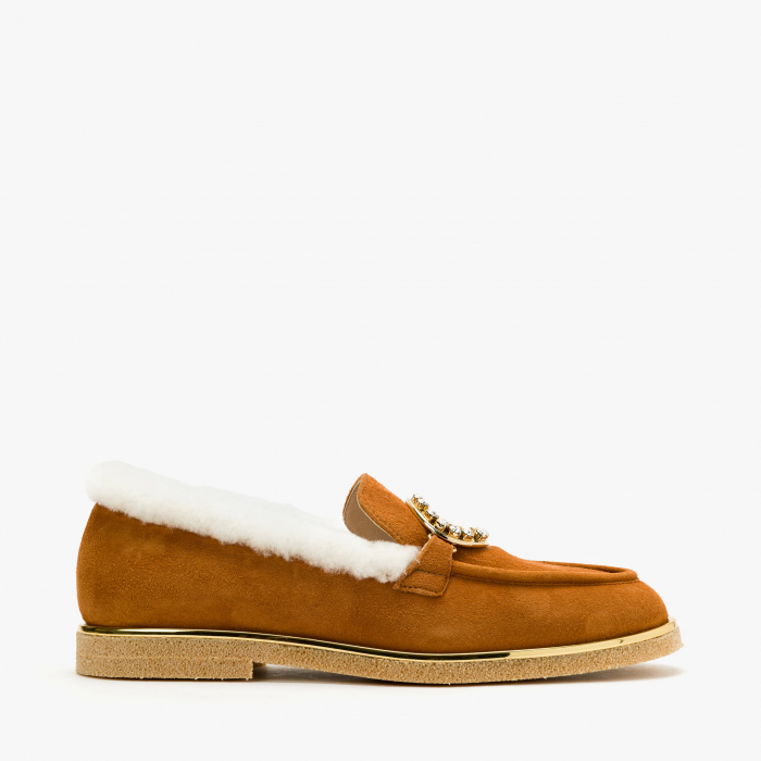 Pantofi Dama Casual din Piele Intoarsa, Culoare Havan, Bordura Blana, Accesoriu cu Cristale, Toc Comod, Renzoni 6686 [2]