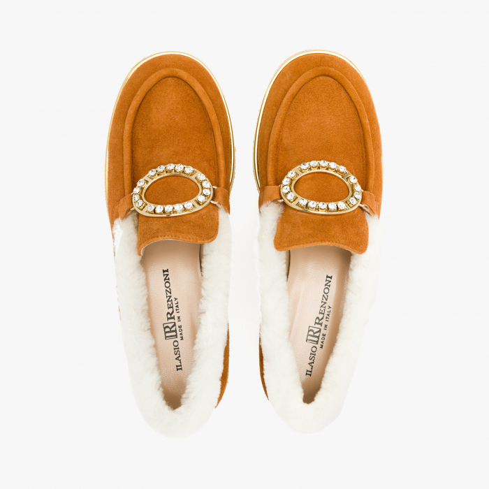 Pantofi Dama Casual din Piele Intoarsa, Culoare Havan, Bordura Blana, Accesoriu cu Cristale, Toc Comod, Renzoni 6686 [3]
