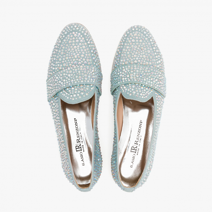 Pantofi Dama Casual, Piele Intoarsa, Culori Bleu si Roz, Acoperiti de Cristale Swarovski, Toc Comod, Renzoni 5126 [3]