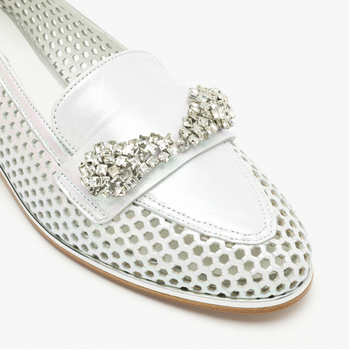 Pantofi Dama Casual din Piele Perforata, Culoare Alba, Accesoriu cu Cristale pe Rist, Sezon Primavara-Vara, Renzoni 5331 [4]