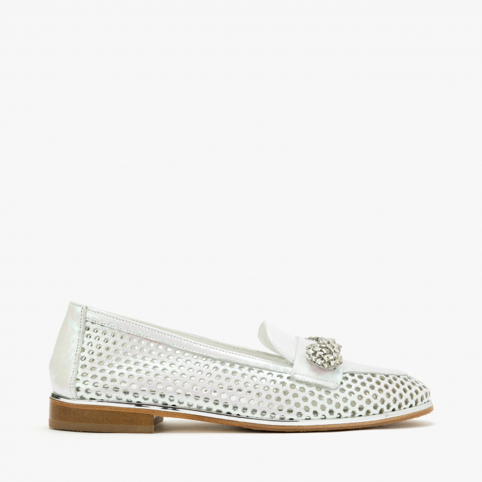 Pantofi Dama Casual din Piele Perforata, Culoare Alba, Accesoriu cu Cristale pe Rist, Sezon Primavara-Vara, Renzoni 5331 [2]
