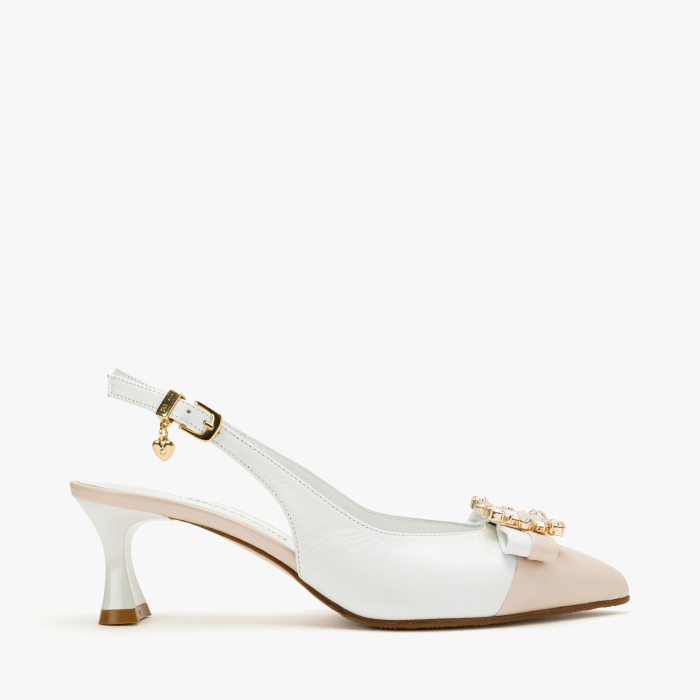Pantofi Sanda Dama, Eleganti, Piele Naturala, Alb-Bej, Cristale pe Varf, Funda Piele, Toc 5 cm, Renzoni 8488 [2]