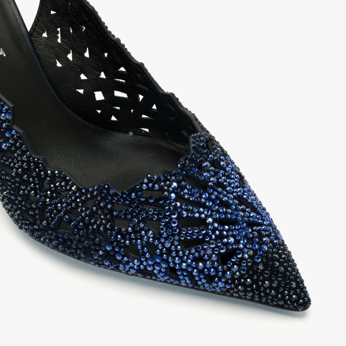 Pantofi Sanda Dama Bleumarin, Piele Naturala Perforata, Slingback cu Strasuri Albastre, Toc Evazat 8 cm, Loriblu 3EL8SB88 [4]