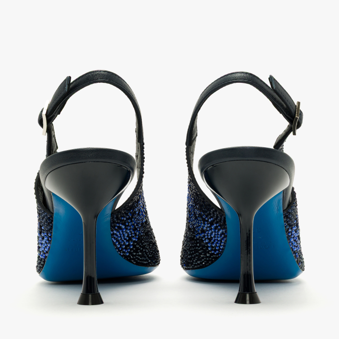 Pantofi Sanda Dama Bleumarin, Piele Naturala Perforata, Slingback cu Strasuri Albastre, Toc Evazat 8 cm, Loriblu 3EL8SB88 [5]