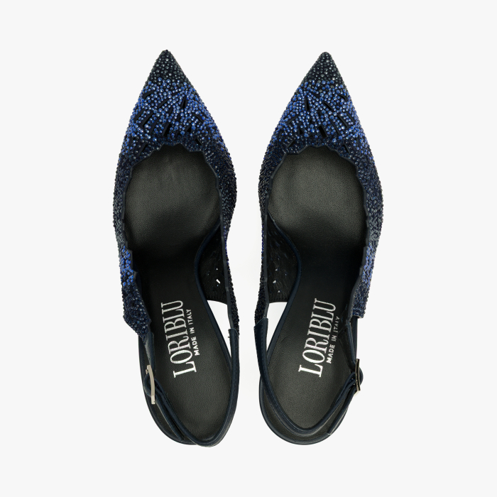 Pantofi Sanda Dama Bleumarin, Piele Naturala Perforata, Slingback cu Strasuri Albastre, Toc Evazat 8 cm, Loriblu 3EL8SB88 [3]